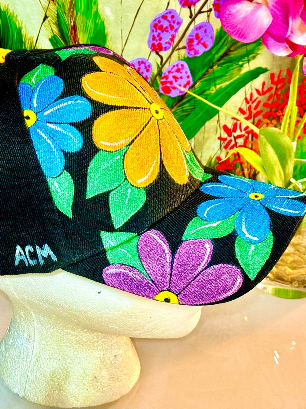 Black Floral Painted Baseball Cap - Multicolor Flower Print - Picture 13 of 13